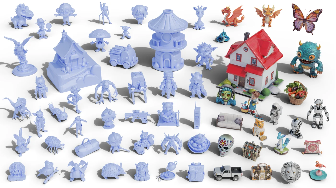 Official TripoSG showcase combining reference images with generated untextured 3D shapes